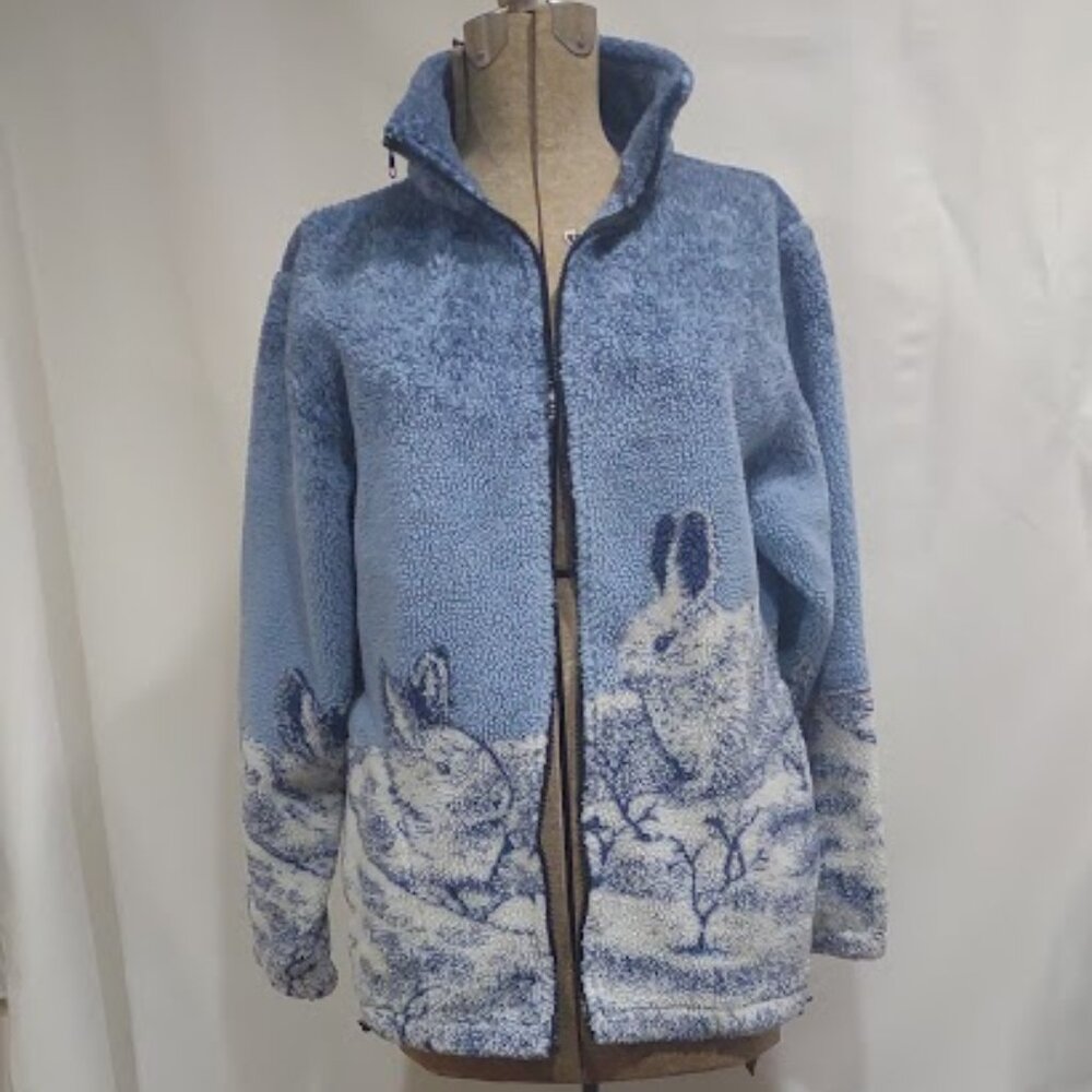 NATIONAL WILDLIFE FEDERATION VINTAGE SHERPA FREECE JACKET BUNNIES IN SNOW LG
